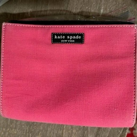 Kate Spade Pink Canvas Makeup Bag with Zip and Check Interior - Picture 3 of 6